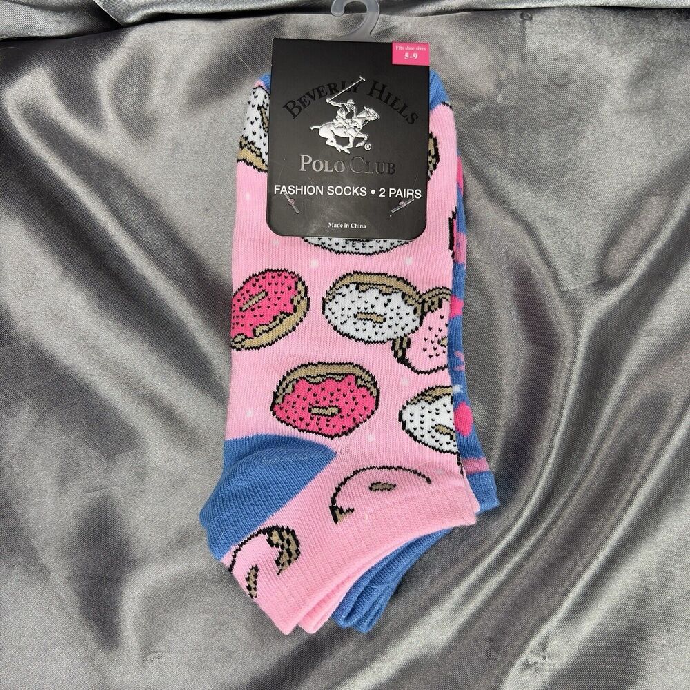 Beverly‎ Hills Polo Club 2 Pairs Women’s Ankle Socks Size 5-9 Pink Donuts Stars